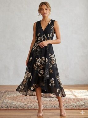 Calvin Klein Floral Faux Wrap Midi Dress Black Tan Size 10 Sleeveless Chiffon